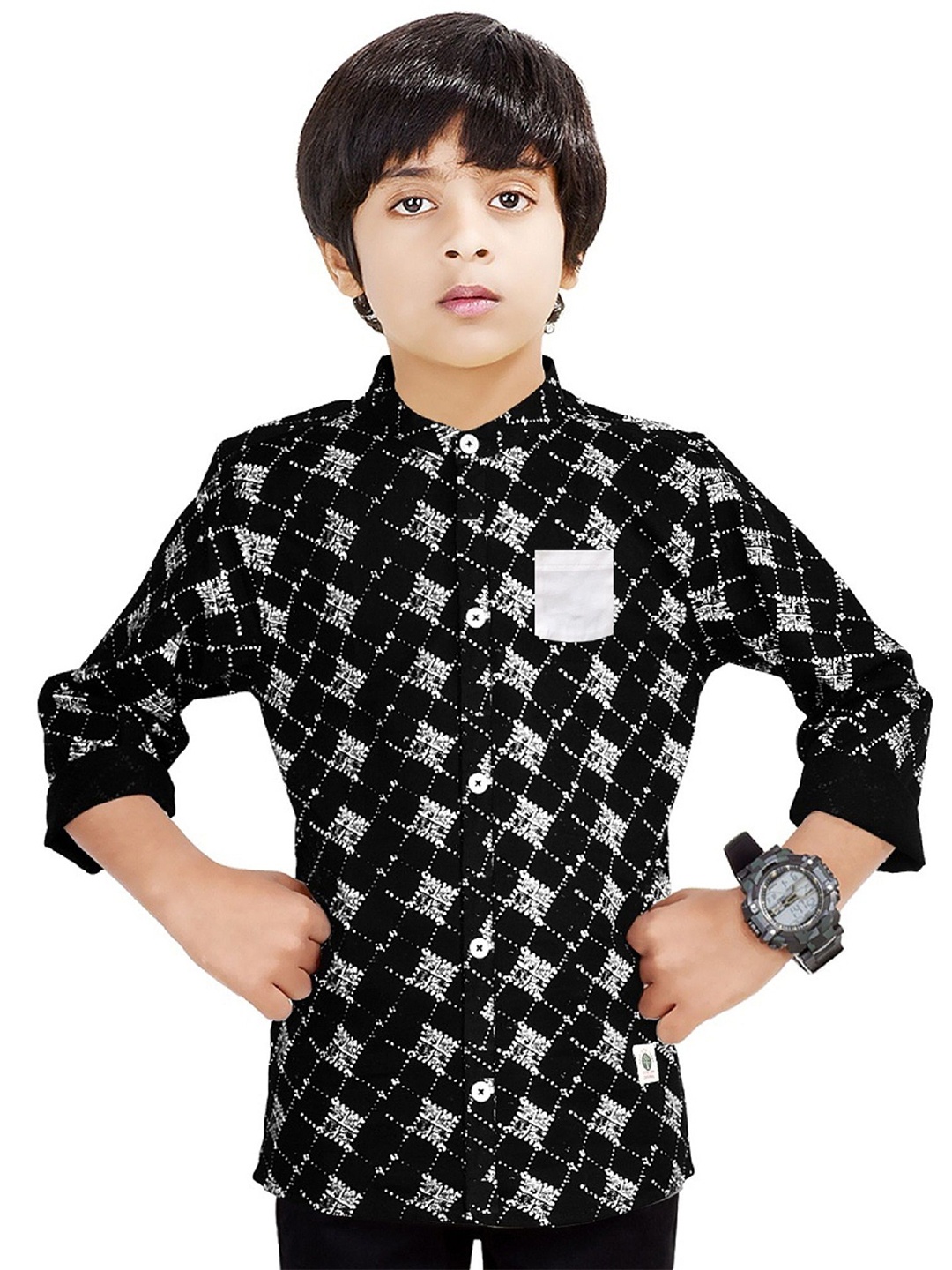 

MADE IN THE SHADE Boys Band Collar Geometric Printed Cotton Casual Shirt, Black