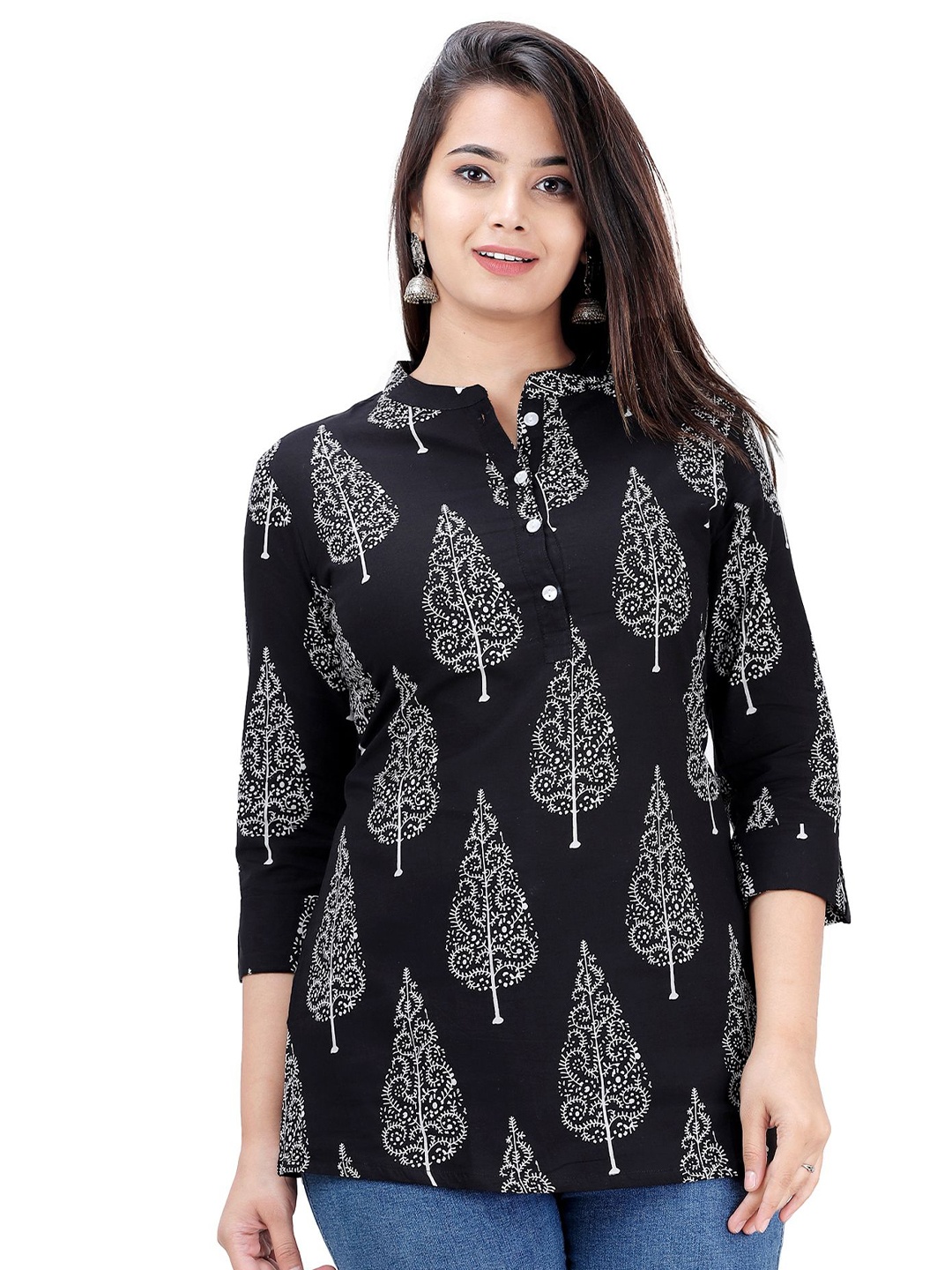 

NNAVDHA Women Floral Printed Mandarin Collar Cotton Top, Black