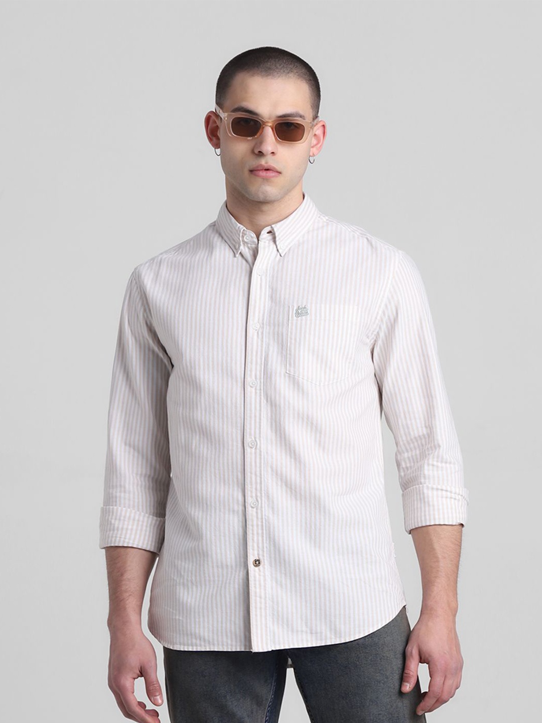 

Jack & Jones Men Button-Down Collar Multi Striped Cotton Casual Shirt, White