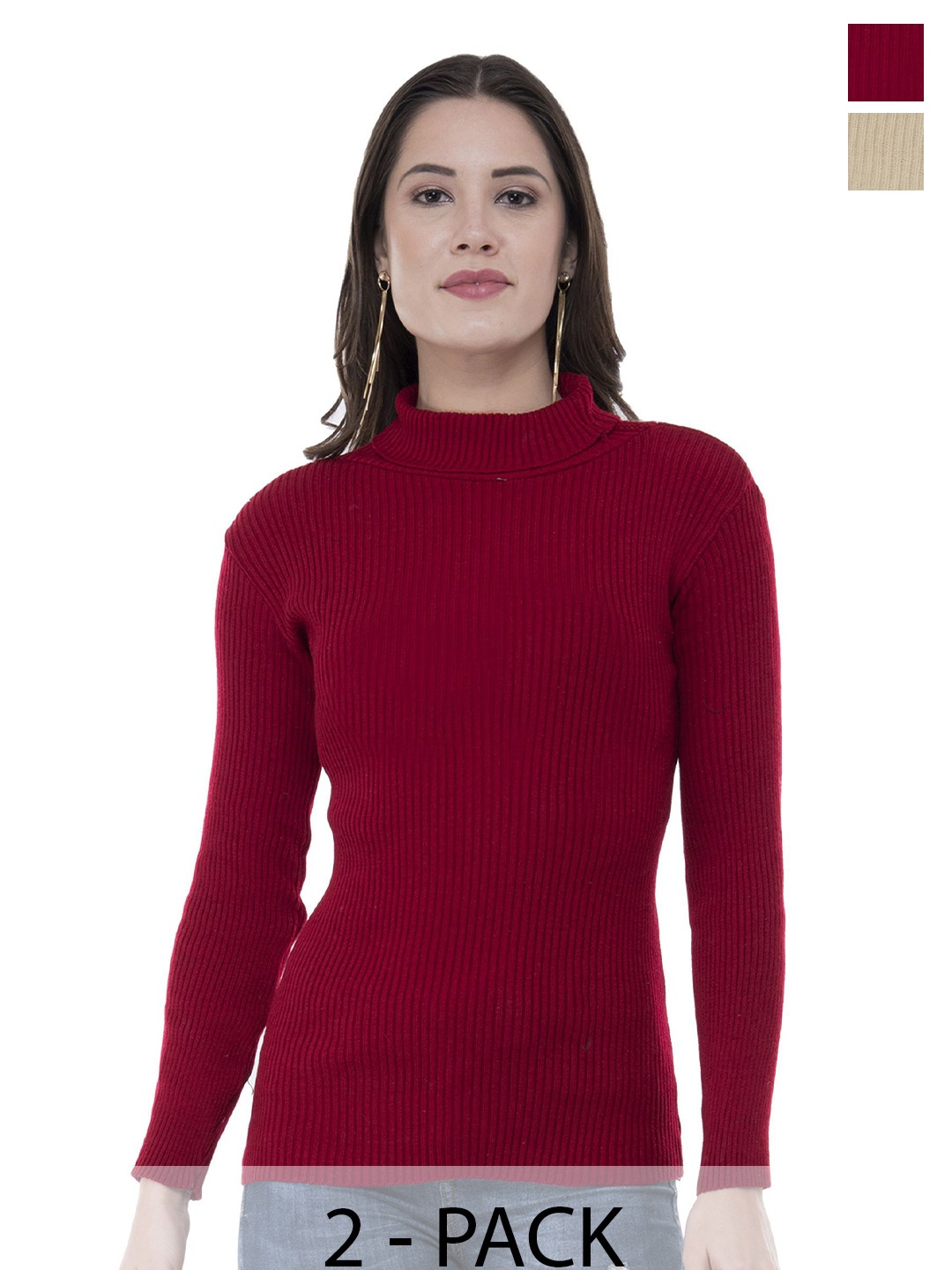 

IndiWeaves Women Ribbed High Neck Woollen Pullover Sweater, Beige