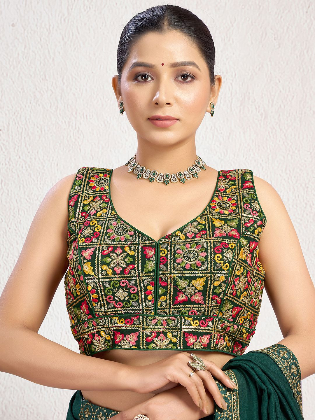 

KALINI Women Embroidered V-Neck Saree Blouse, Green