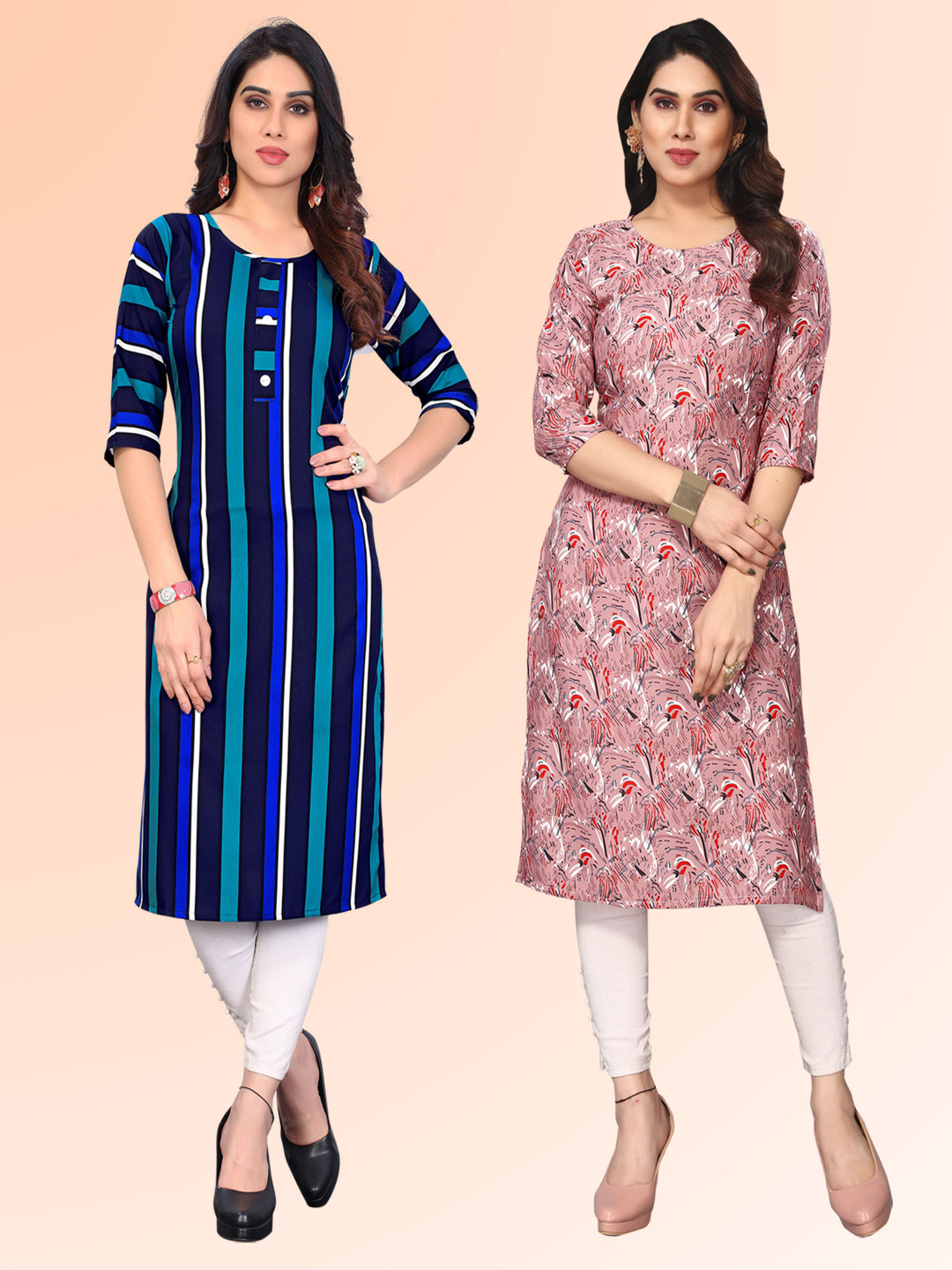 

KETAKI FASHION Selection Of 2 Striped Printed Round Neck Straight Kurtas, Blue
