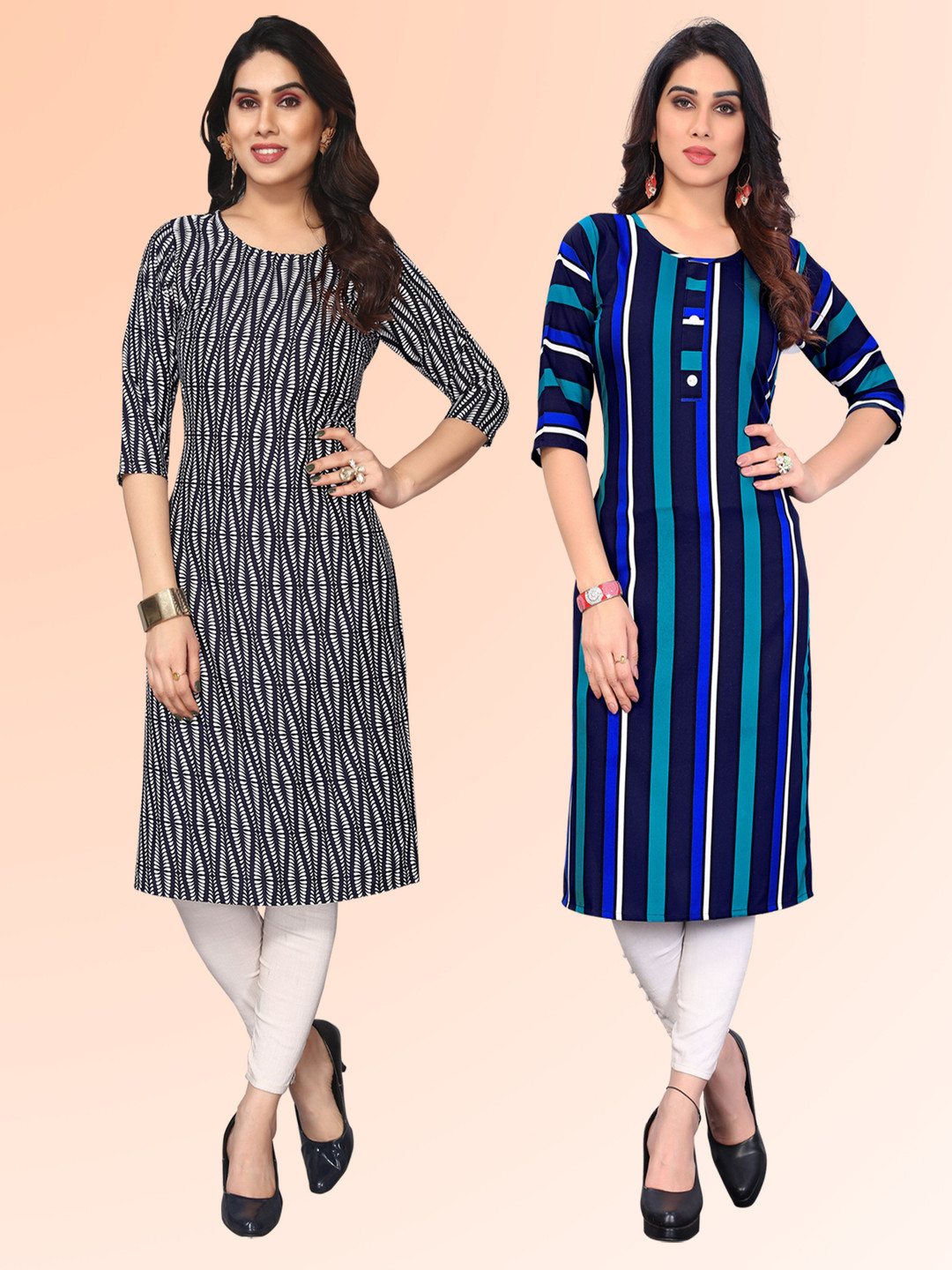 

KETAKI FASHION Selection Of 2 Striped Printed Round Neck Kurtas, Black