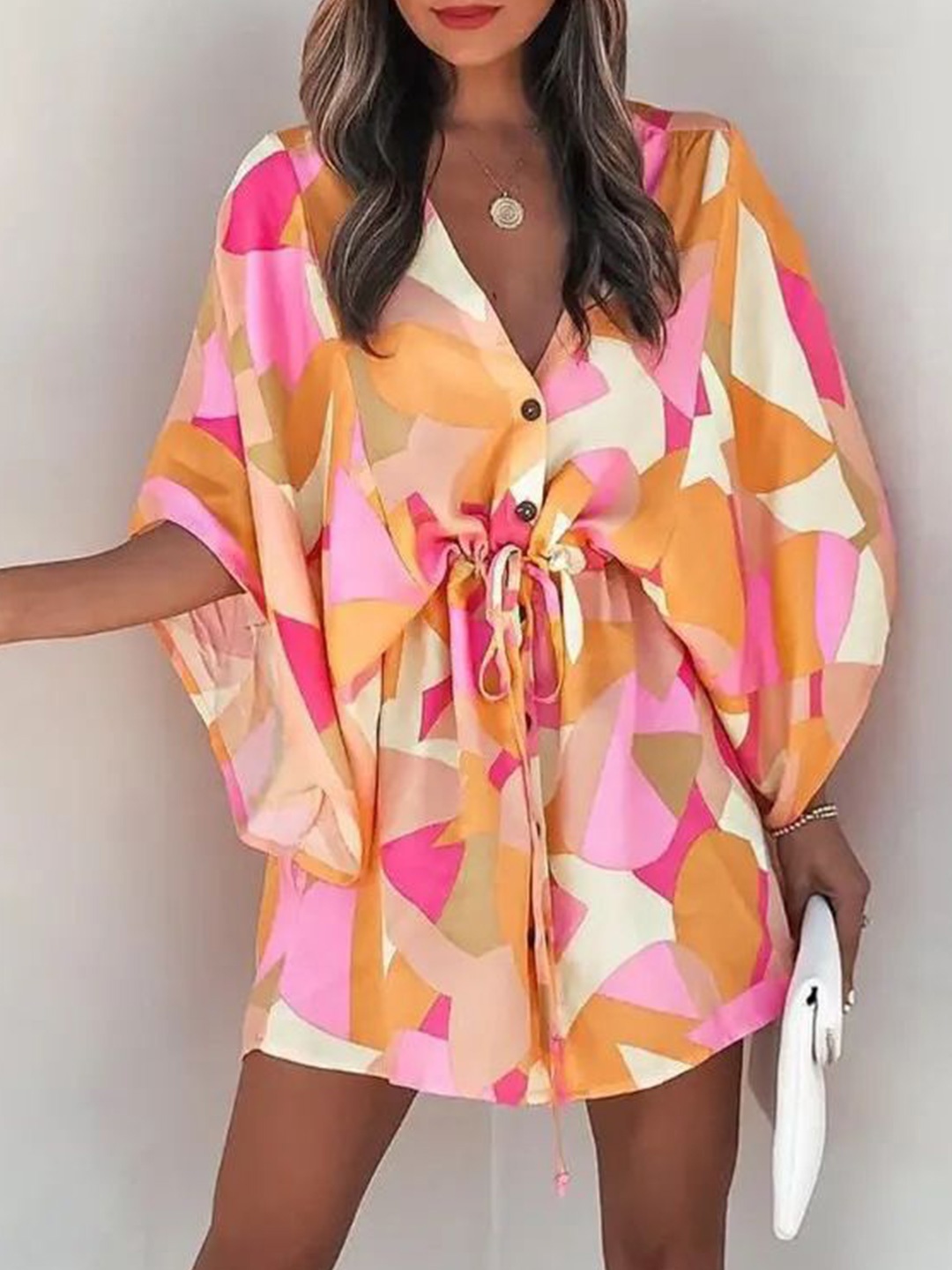 

StyleCast Women Printed Kimono Sleeves Kaftan Mini Dress, Orange