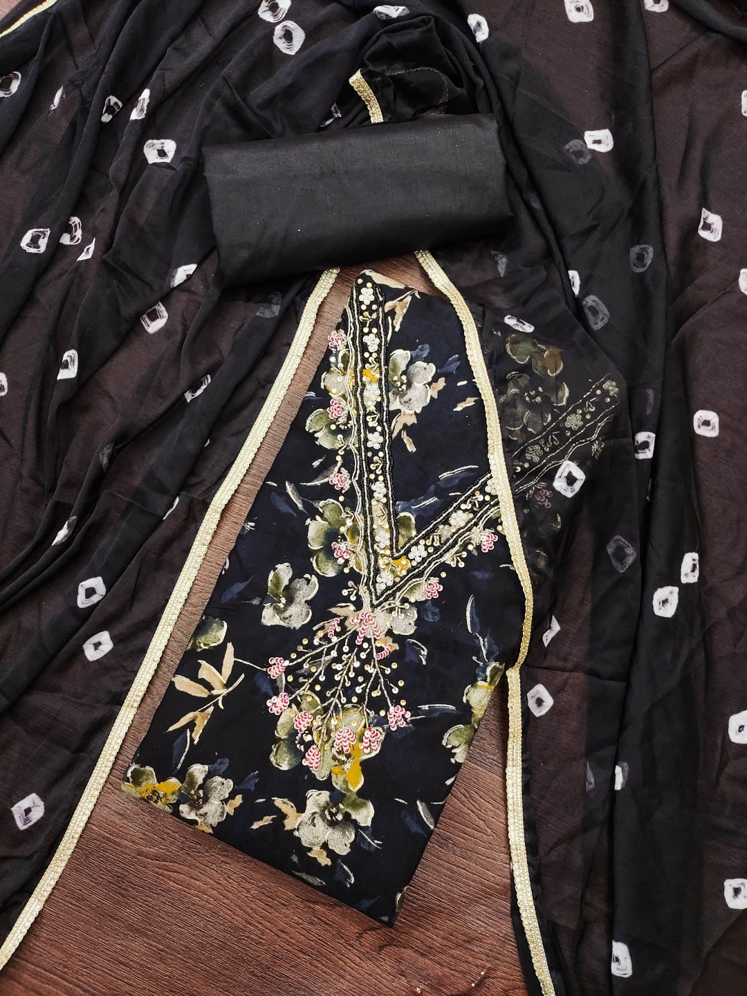 

MANVAA Floral Printed Sequinned Unstitched Dress Material, Black