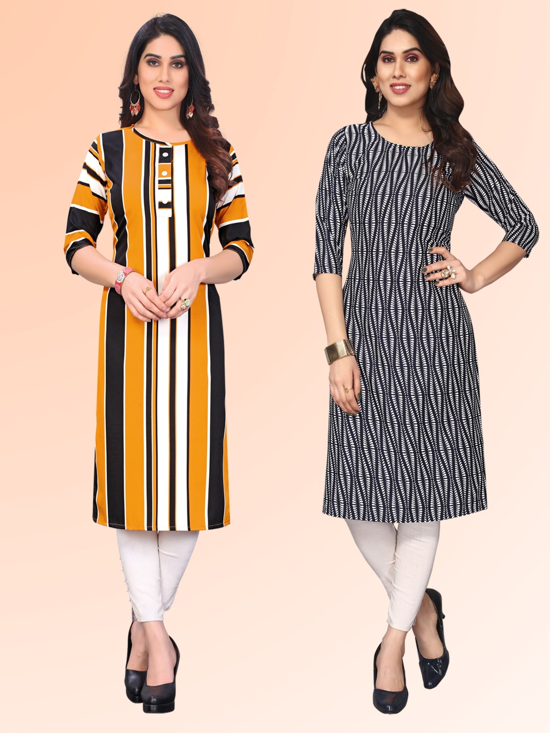 

KETAKI FASHION Selection of 2 Striped Round Neck Straight Kurtas, Mustard