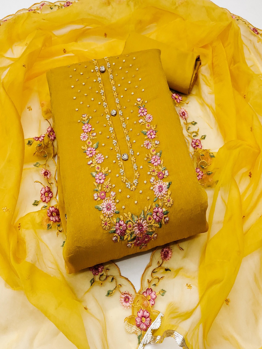 

MANVAA Embroidered Viscose Rayon Unstitched Dress Material, Yellow