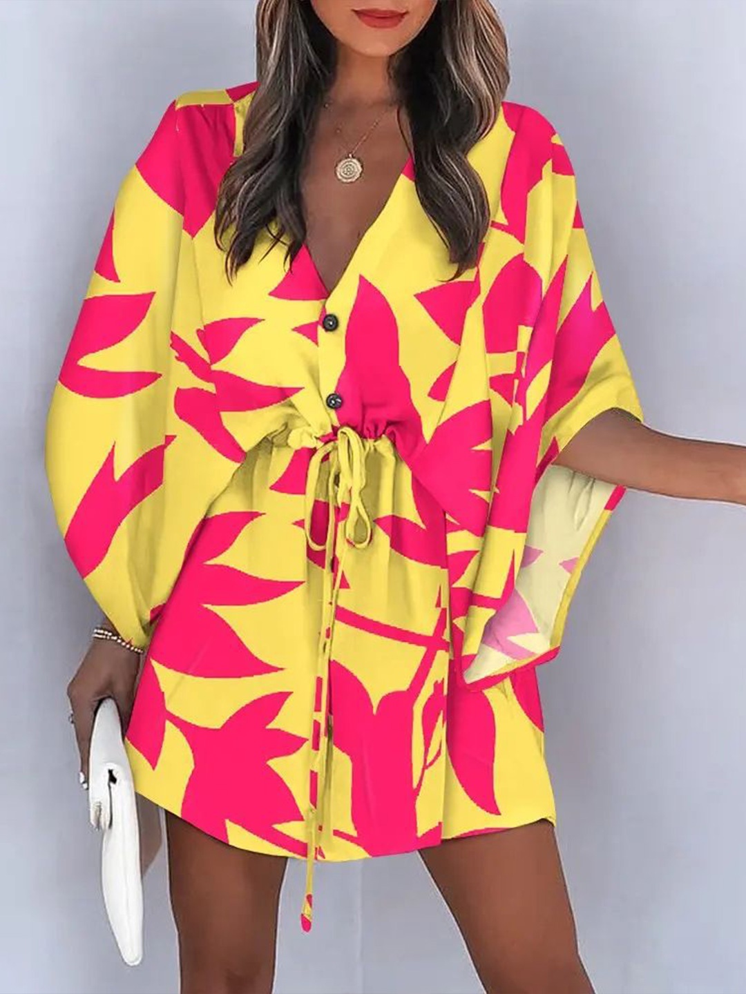 

StyleCast Printed Kimono Sleeve Kaftan Mini Dress, Yellow