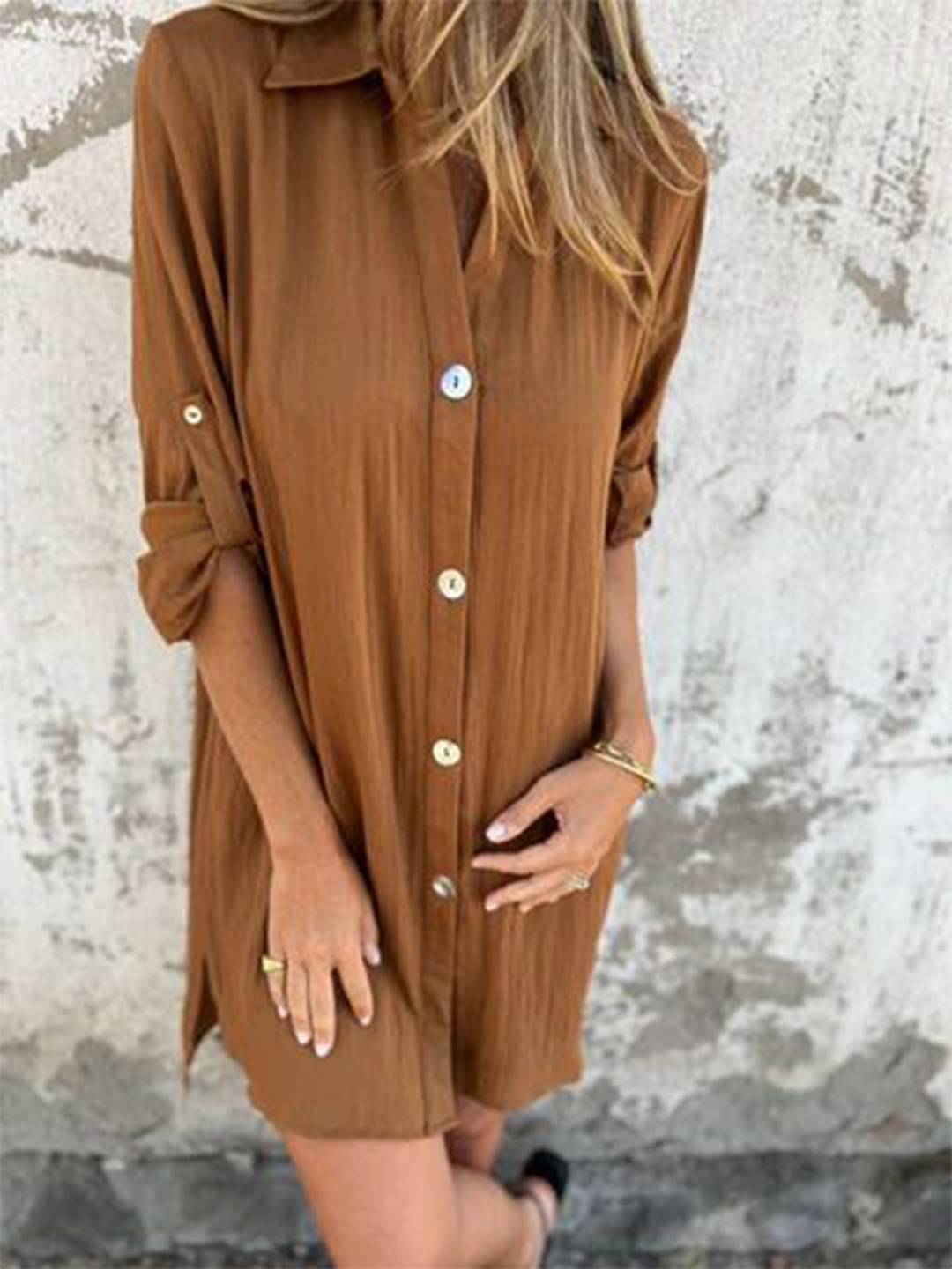 

StyleCast Women Roll-Up Sleeves Shirt Dress, Brown