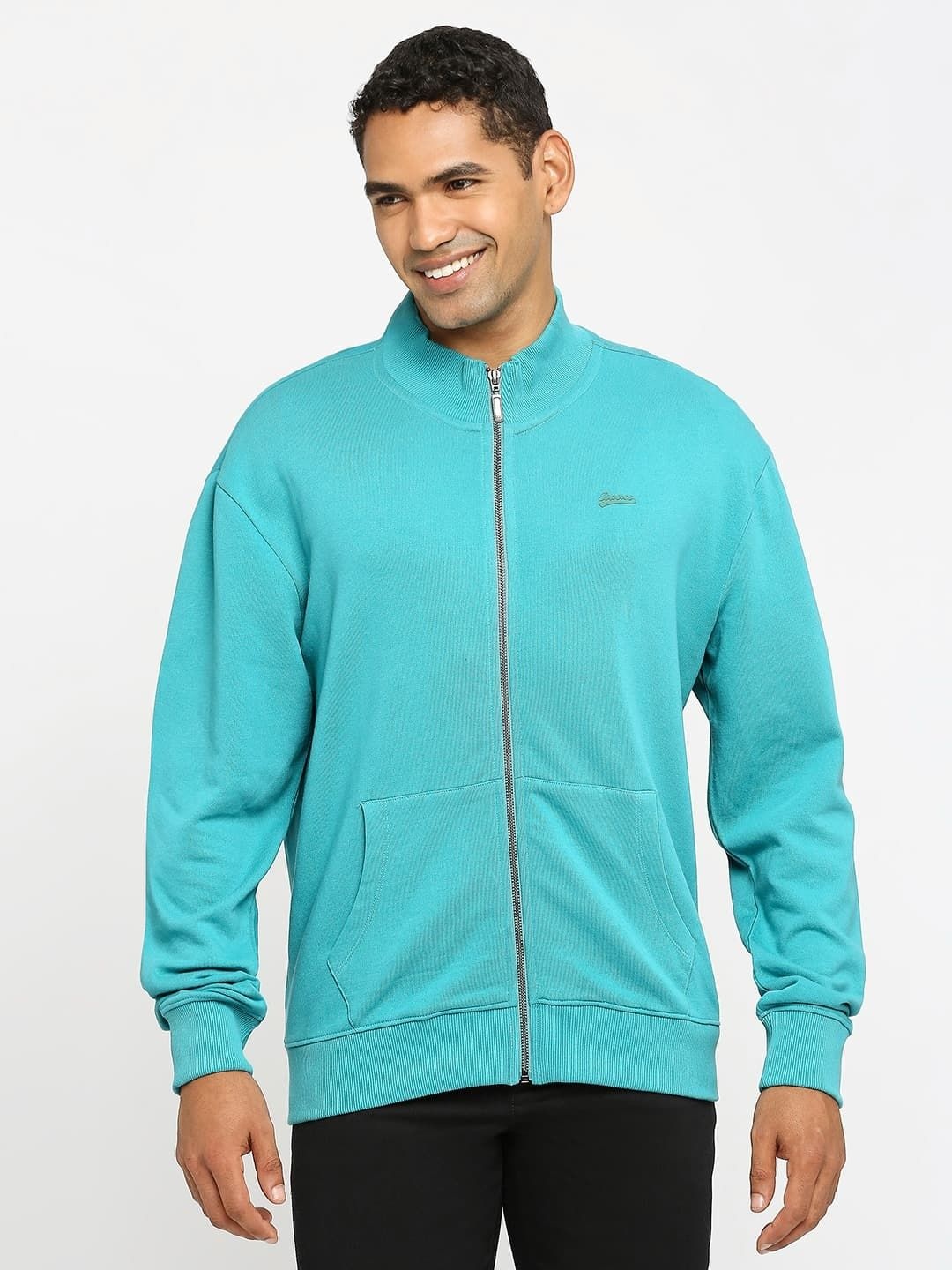 

Basics Men Mock Collar Solid Cotton Casual Bomber Jacket, Sea green