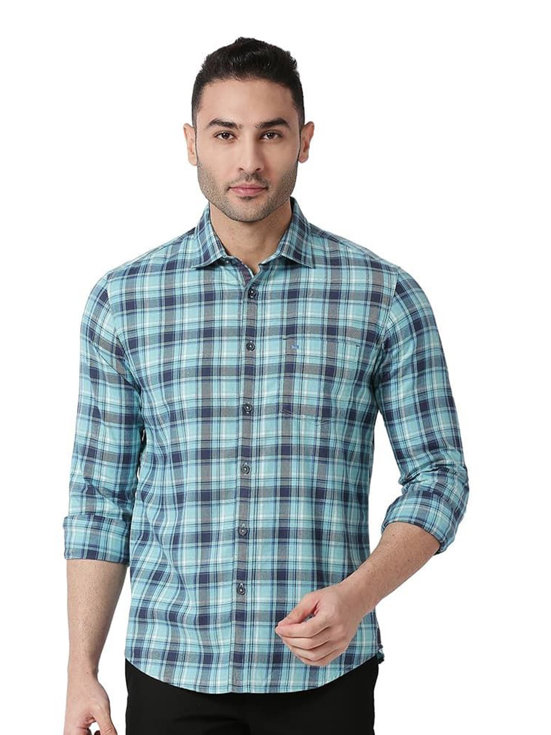 

Basics Men Slim Fit Spread Collar Tartan Checked Cotton Casual Shirt, Blue