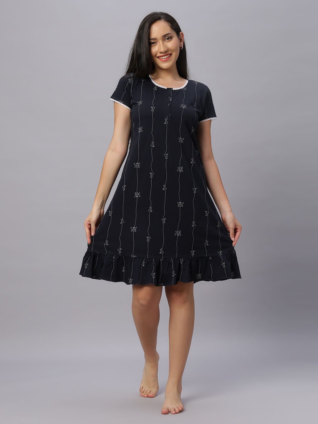 

QUIRA Women Printed Nightdress, Navy blue