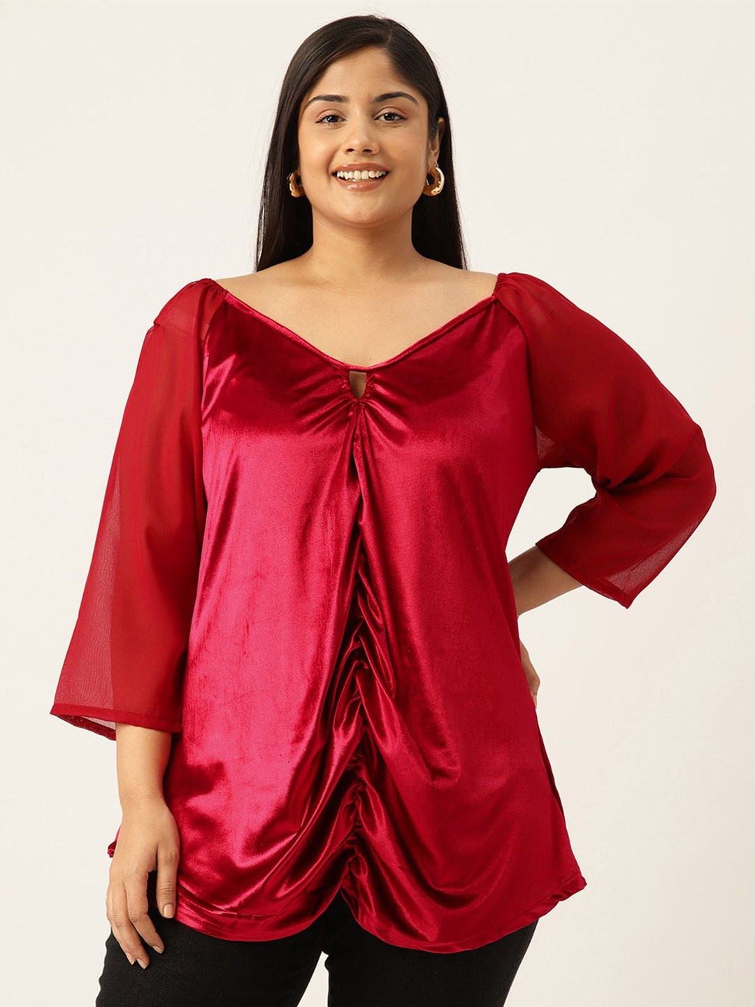 

theRebelinme Women Plus Size V - Neck Velvet Top, Red