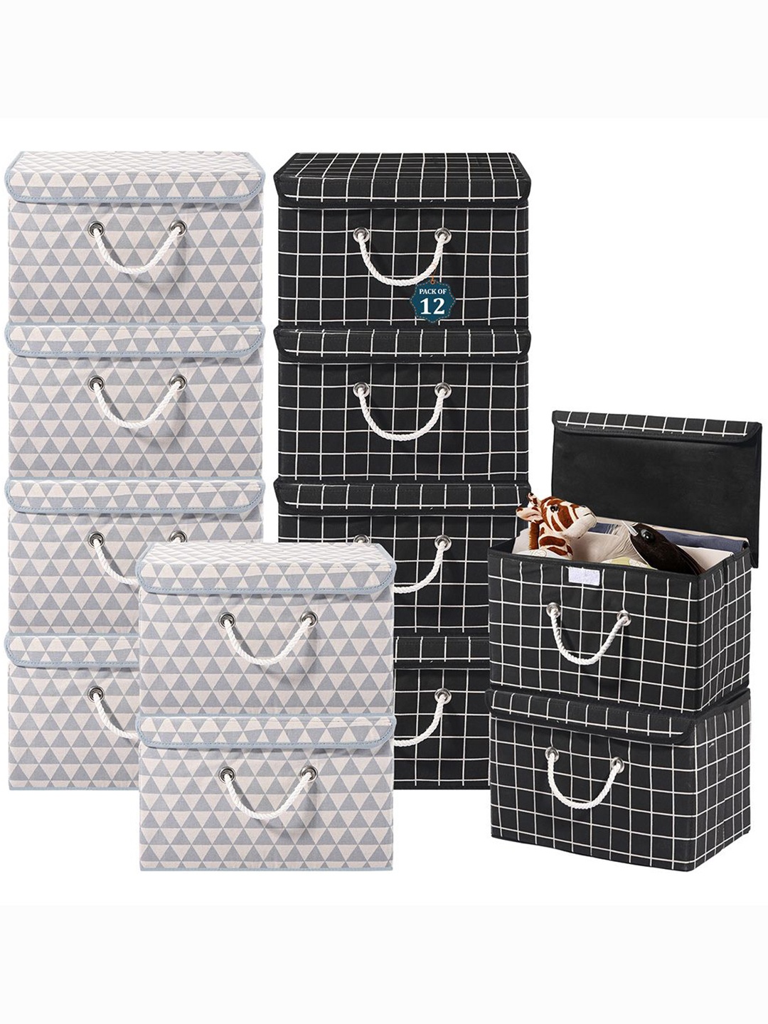 

Kuber Industries Grey Set of 12 Reusable Drawer Organiser Printed Storage Basket