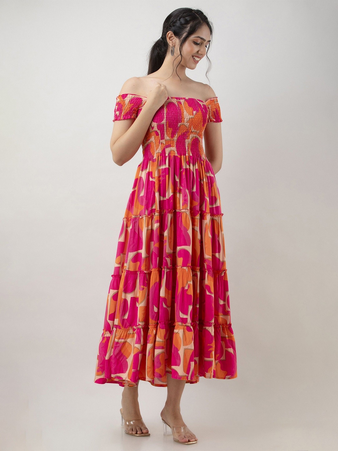

Raiyani Enterprise Women Off-Shoulder Fit & Flare Midi Dress, Pink
