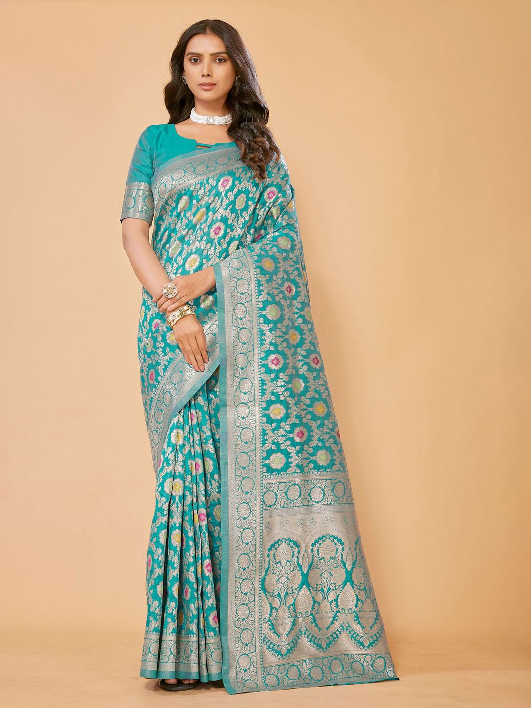 

Krimmple Ethnic Motifs Zari Kanjeevaram Saree, Turquoise blue