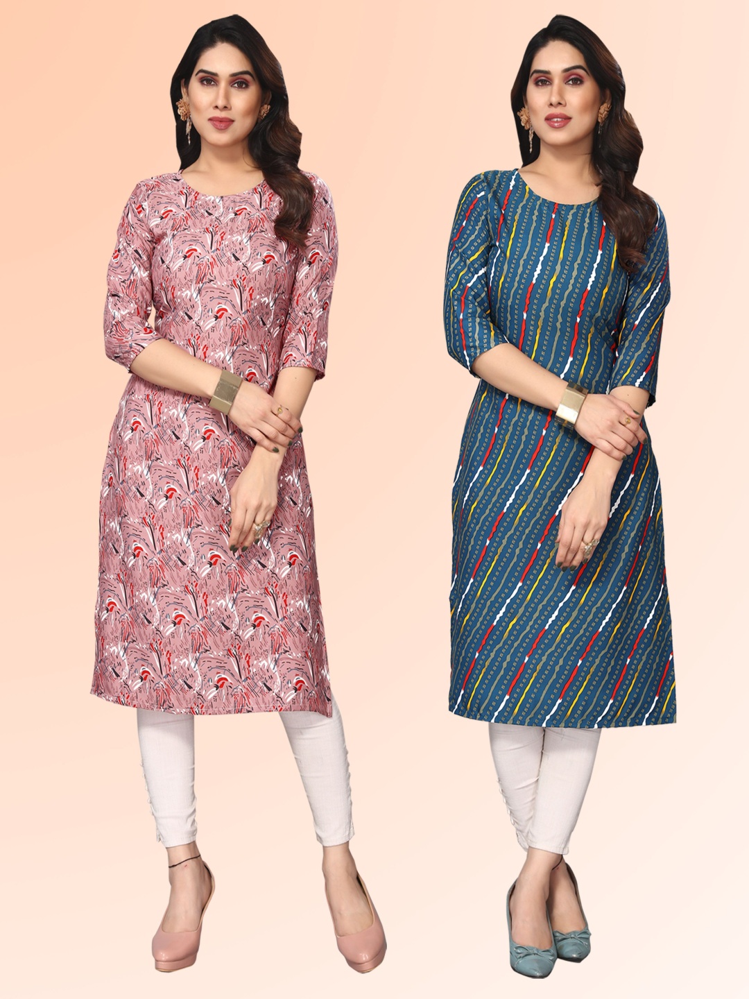 

KETAKI FASHION Selection Of 2 Leheriya Printed Round Neck Kurtas, Pink