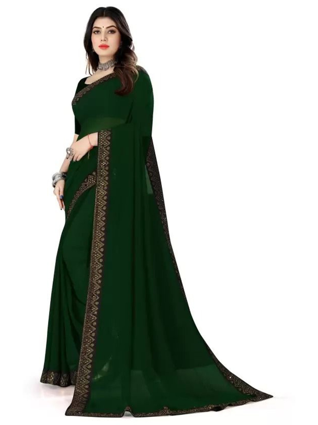 

SAADHVI Embellished Beads and Stones Pure Georgette Saree, Green