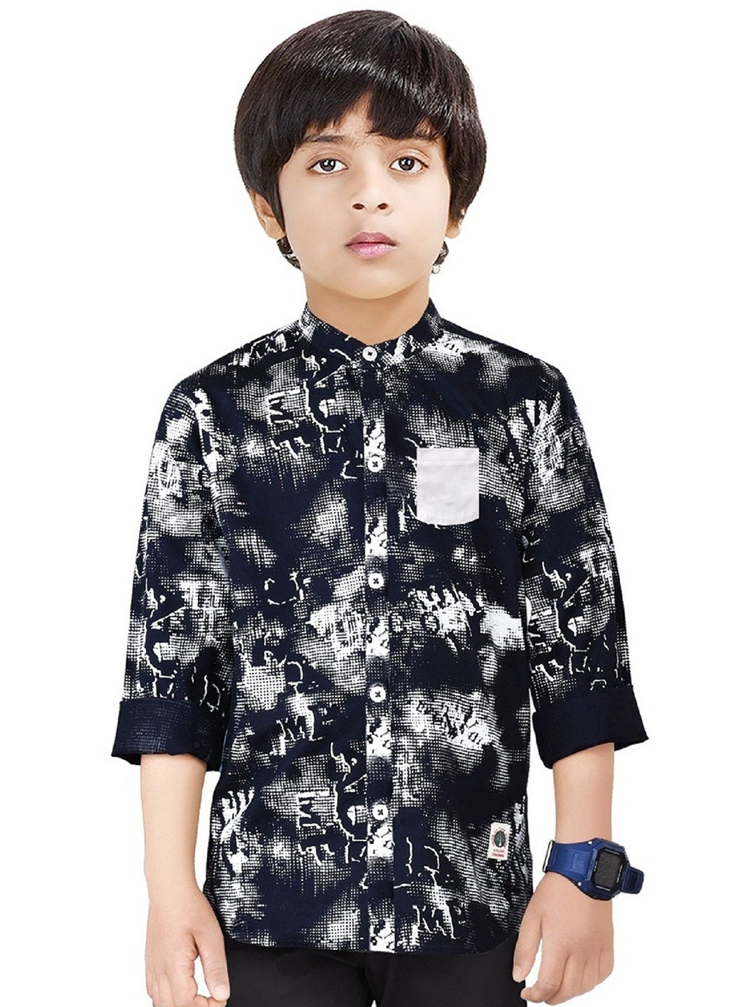 

MADE IN THE SHADE Boys Band Collar Abstract Printed Cotton Casual Shirt, Navy blue