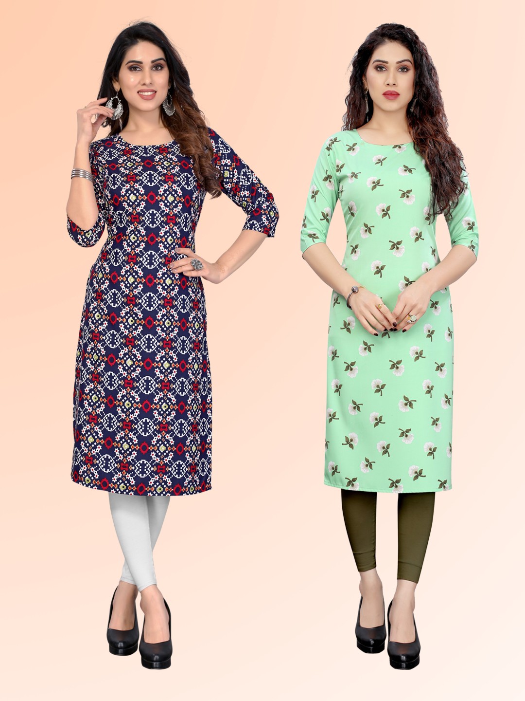 

KETAKI FASHION Selection Of 2 Ethnic Motifs Printed Round Neck Straight Kurtas, Navy blue