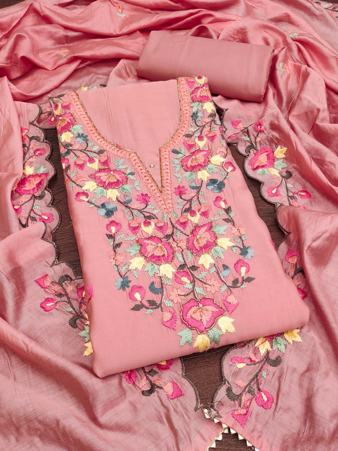 

MANVAA Floral Embroidered Sequinned Unstitched Dress Material, Peach