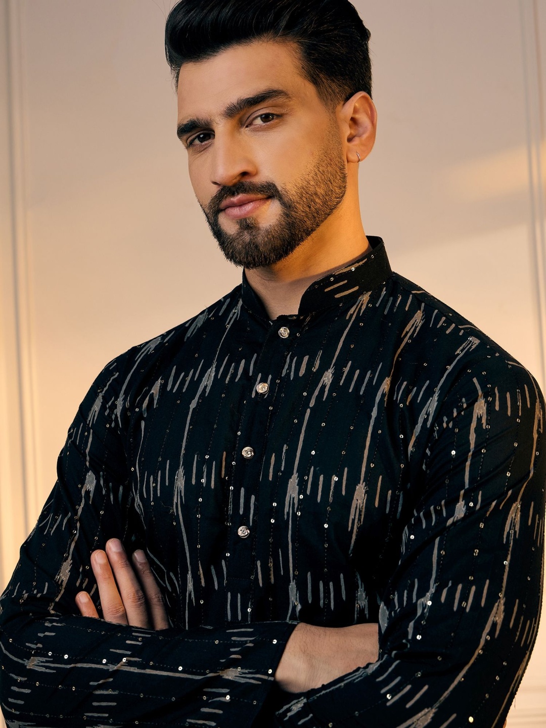 

Anouk Black Quirky Printed Sequinned Mandarin Collar Pure Cotton Straight Kurta