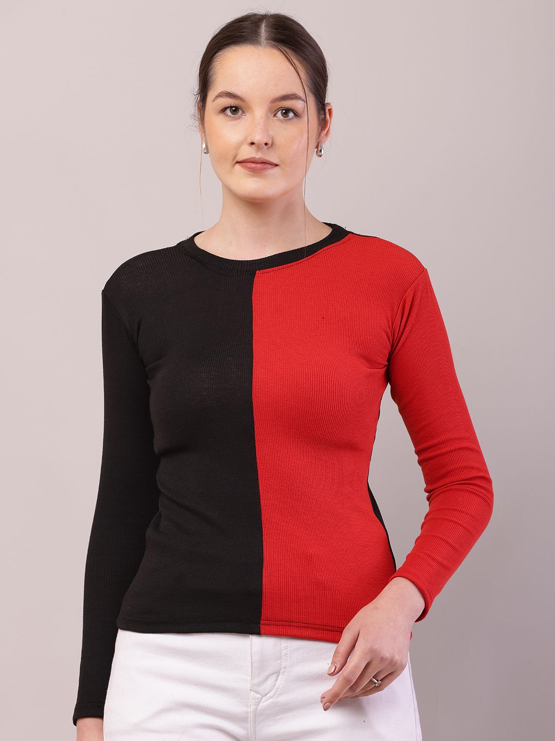 

RiseMax Women Colourblocked Cotton Top, Black