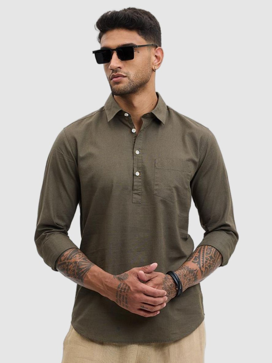 

Snitch Men Smart Fit Spread Collar Solid Cotton Casual Shirt, Olive