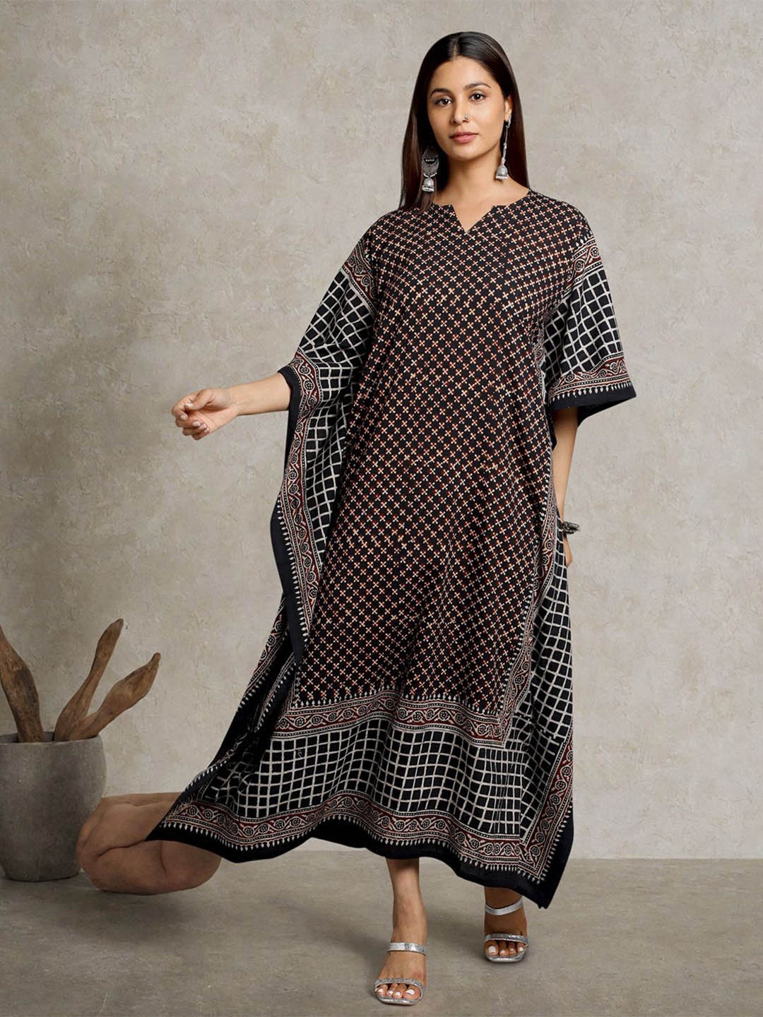 

THE WEAVE TRAVELLER Printed Batwing Sleeve Cotton Kaftan Maxi Dress, Black