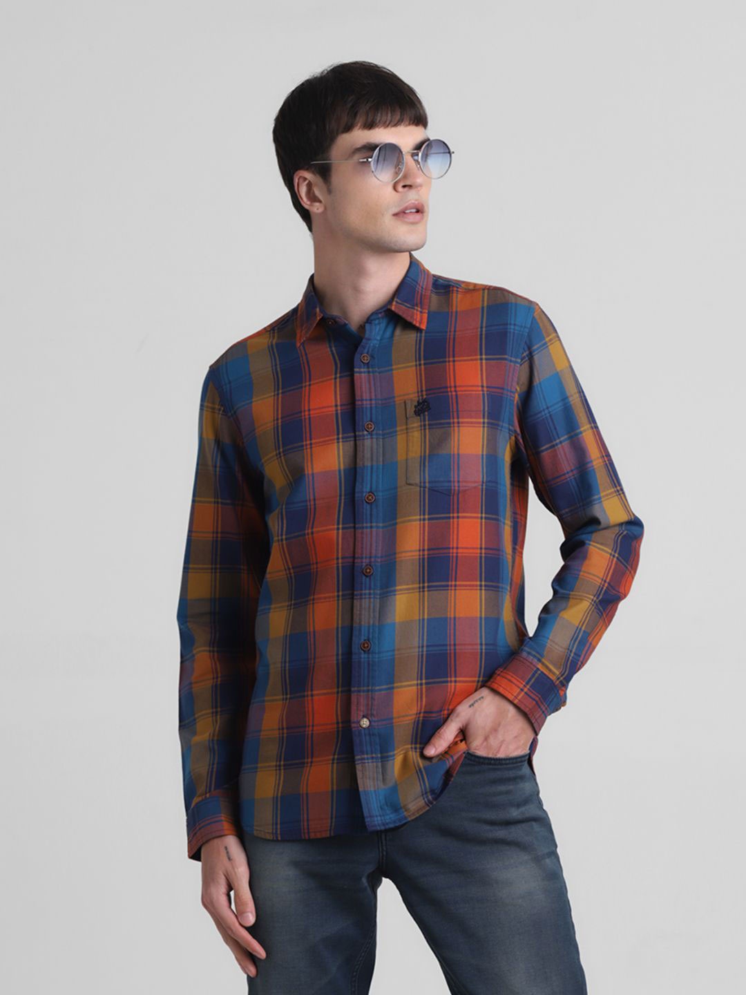 

Jack & Jones Men Spread Collar Tartan Checked Cotton Casual Shirt, Blue