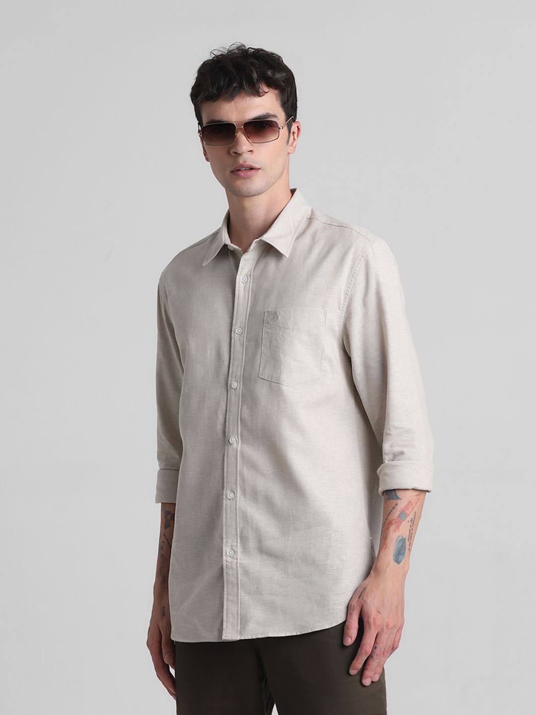 

Jack & Jones Men Spread Collar Solid Cotton Casual Shirt, Beige