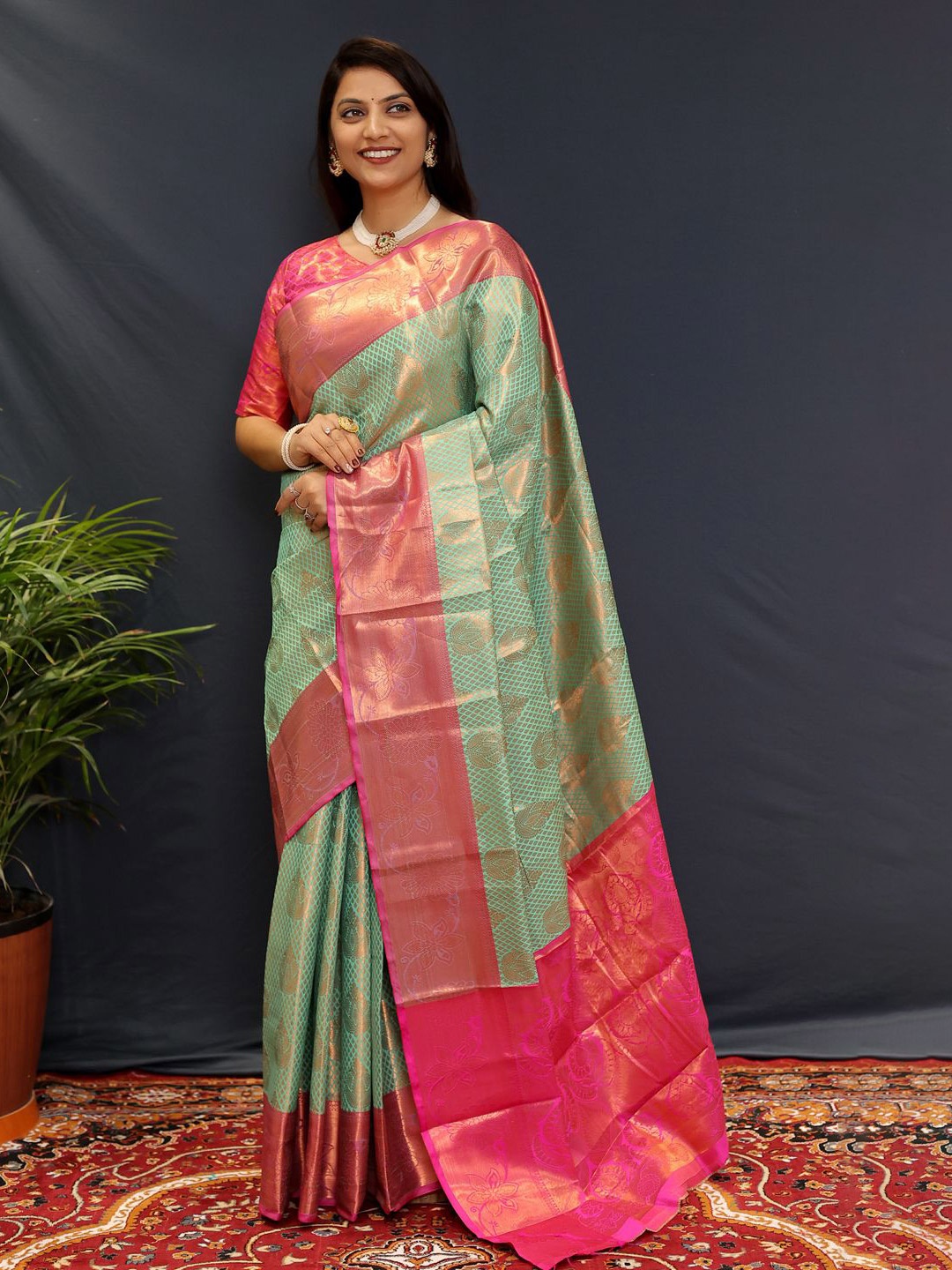 

yourwish Woven Design Zari Kanjeevaram Saree, Sea green
