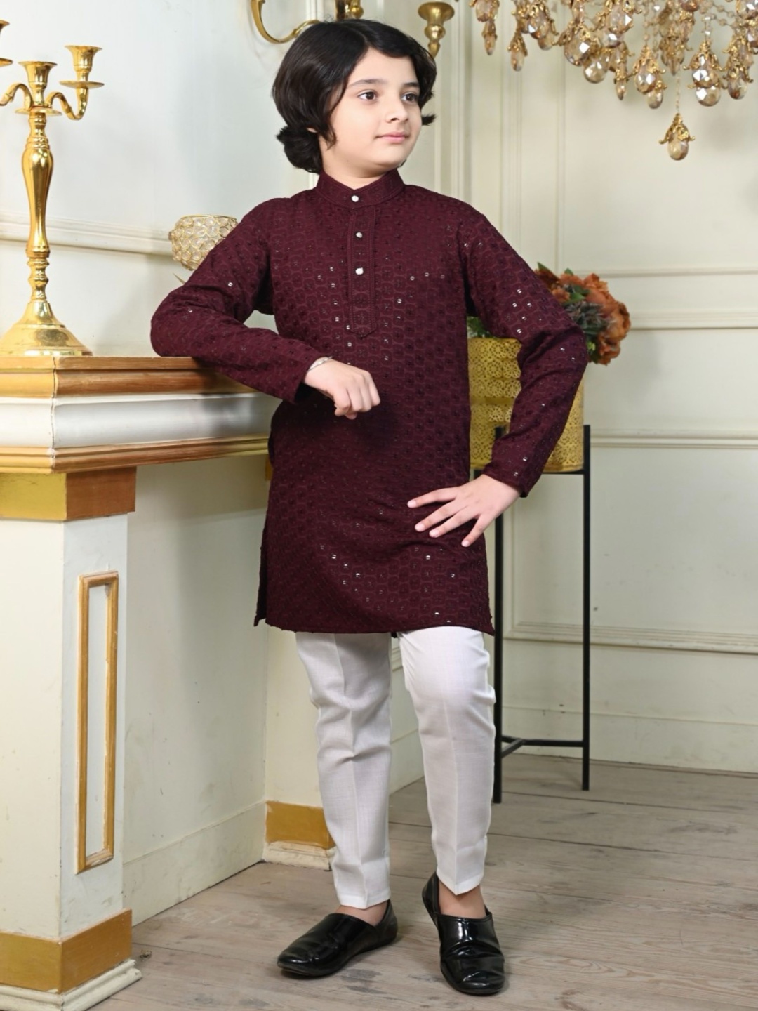 

R KAY FASHIONS Boys Ethnic Motifs Embroidered Band Collar Chikankari Pure Cotton Kurta, Maroon