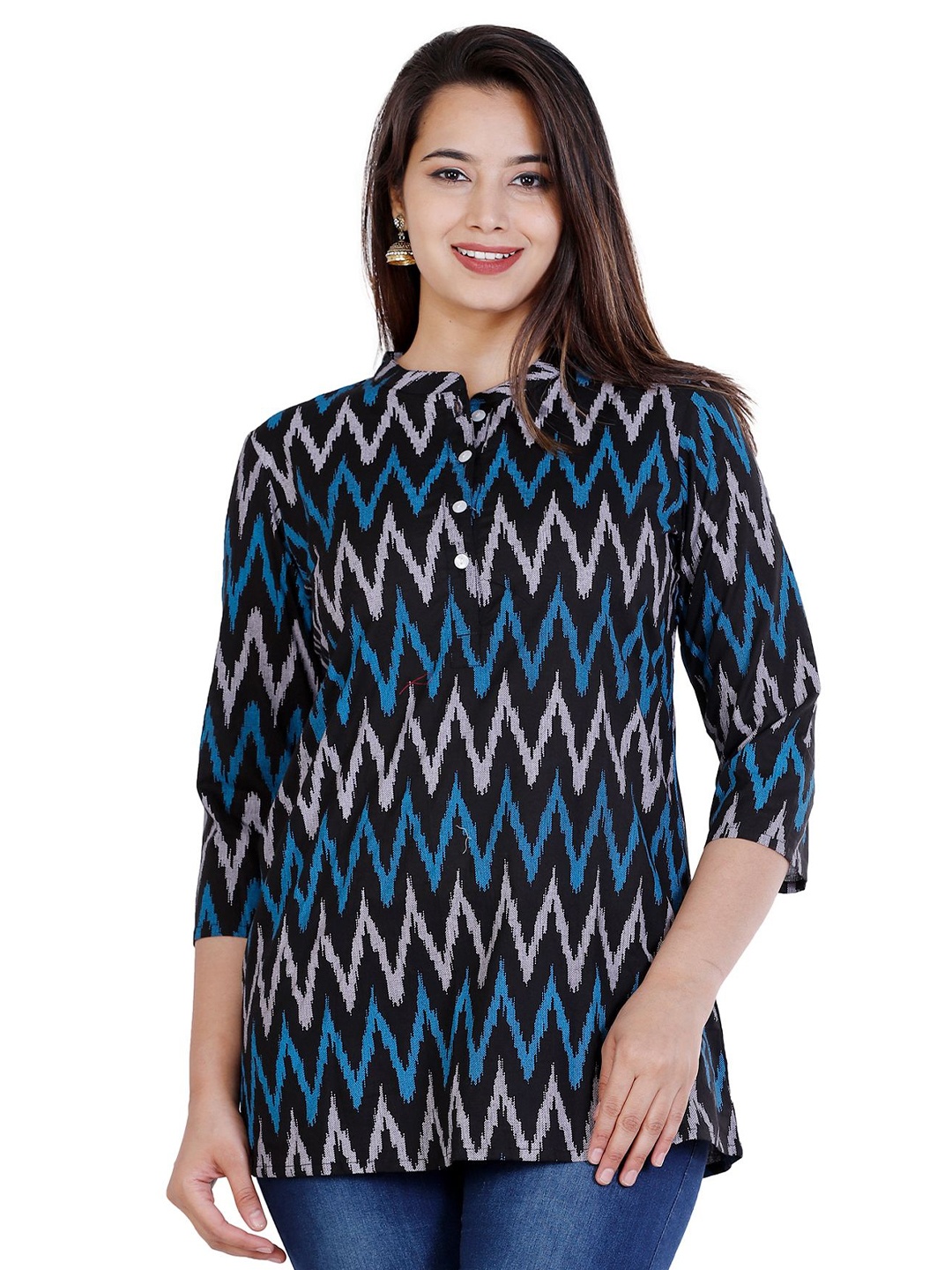 

NNAVDHA Women Tribal Printed Mandarin Collar Pure Cotton Kurti, Blue