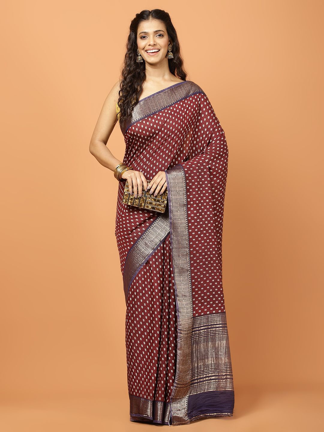 

Meena Bazaar Floral Zari Saree, Burgundy