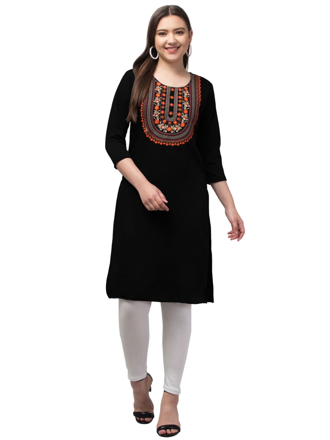

FAMBEE Floral Embroidered Round Neck Mirror Work Woollen Straight Kurta, Black
