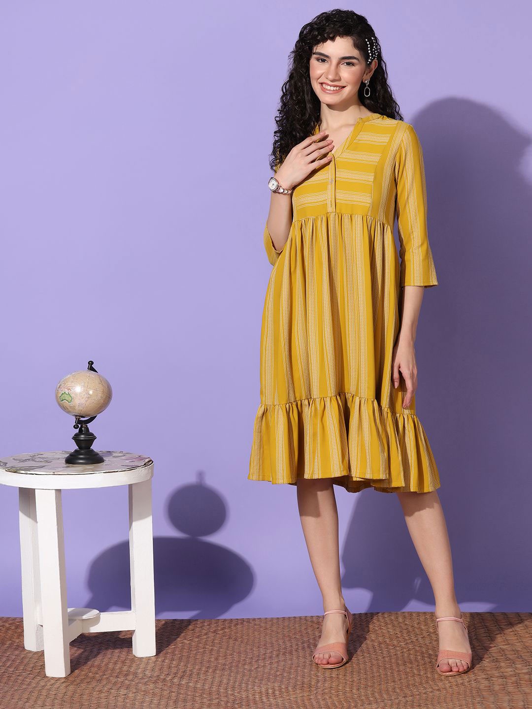 

Moda Rapido Women Mandarin Collar Empire Midi Dress, Mustard