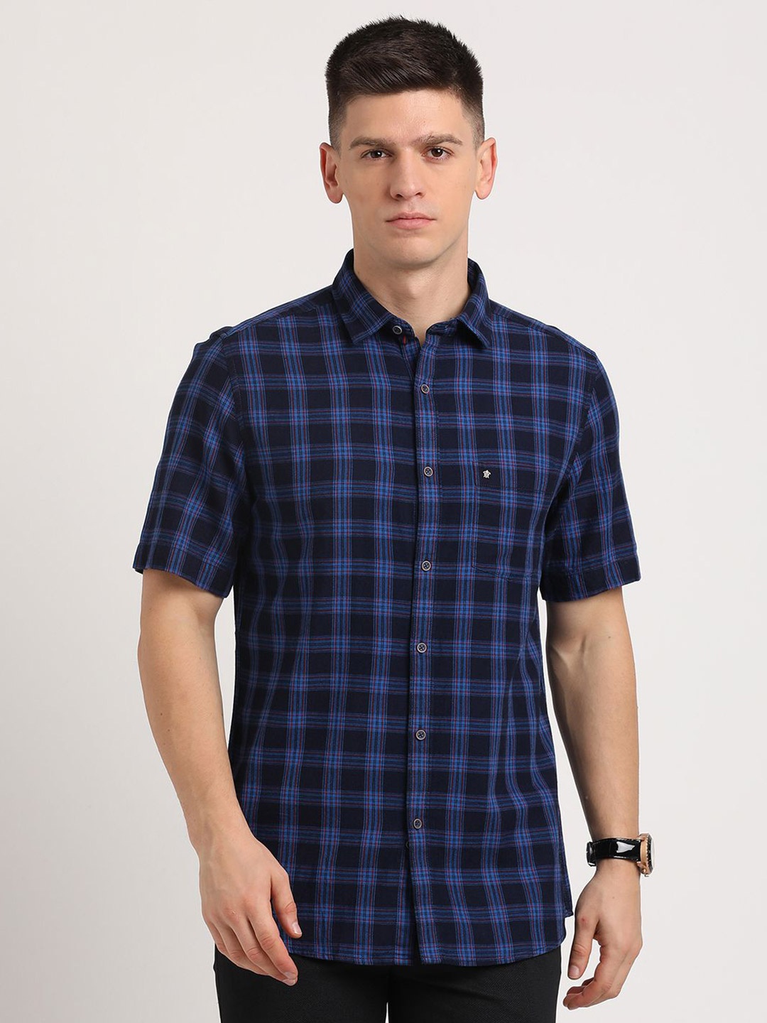 

Turtle Men Relaxed Fit Spread Collar Tartan Checked Cotton Casual Shirt, Black