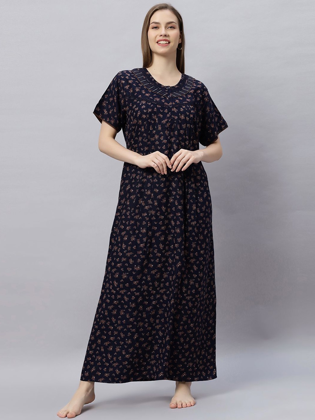 

QUIRA Women Printed Round Neck Maxi Nightdress, Blue