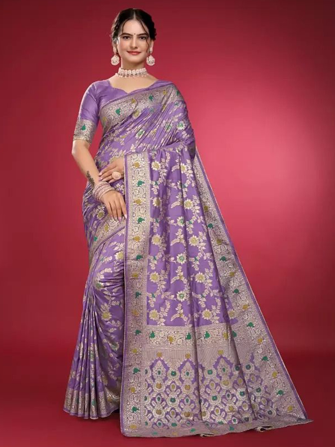 

SAADHVI Woven Design Zari Pure Silk Saree, Lavender