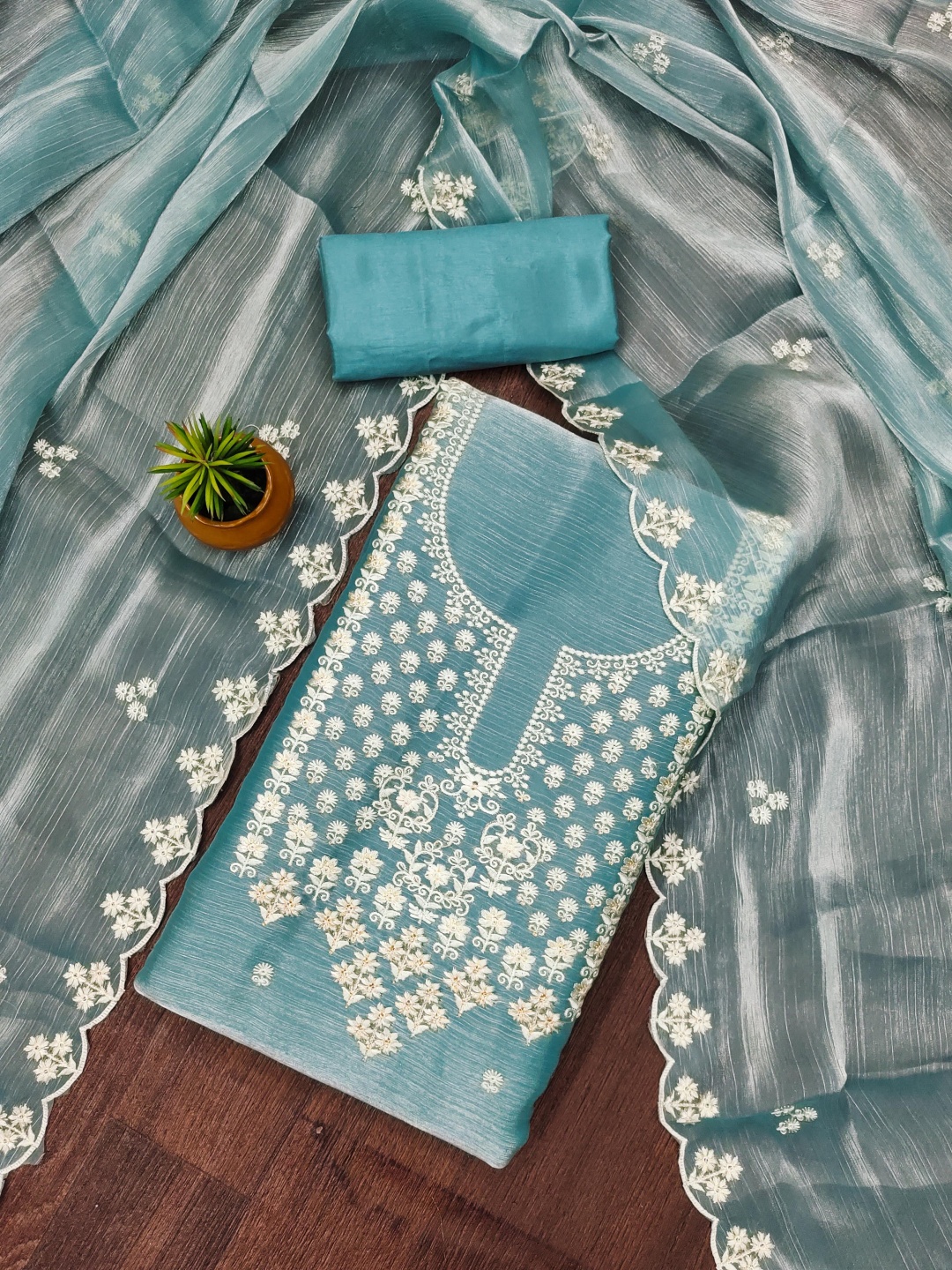

MANVAA Floral Embroidered Sequinned Unstitched Dress Material, Blue