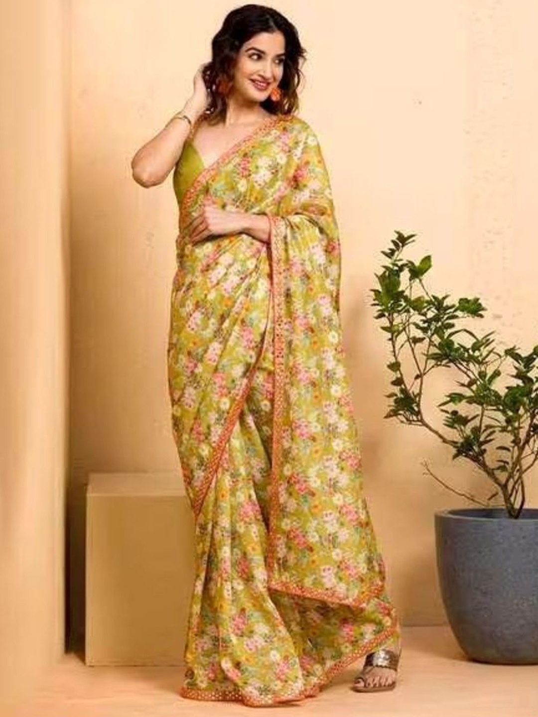 

Anouk Floral Mirror Work Silk Blend Saree, Green