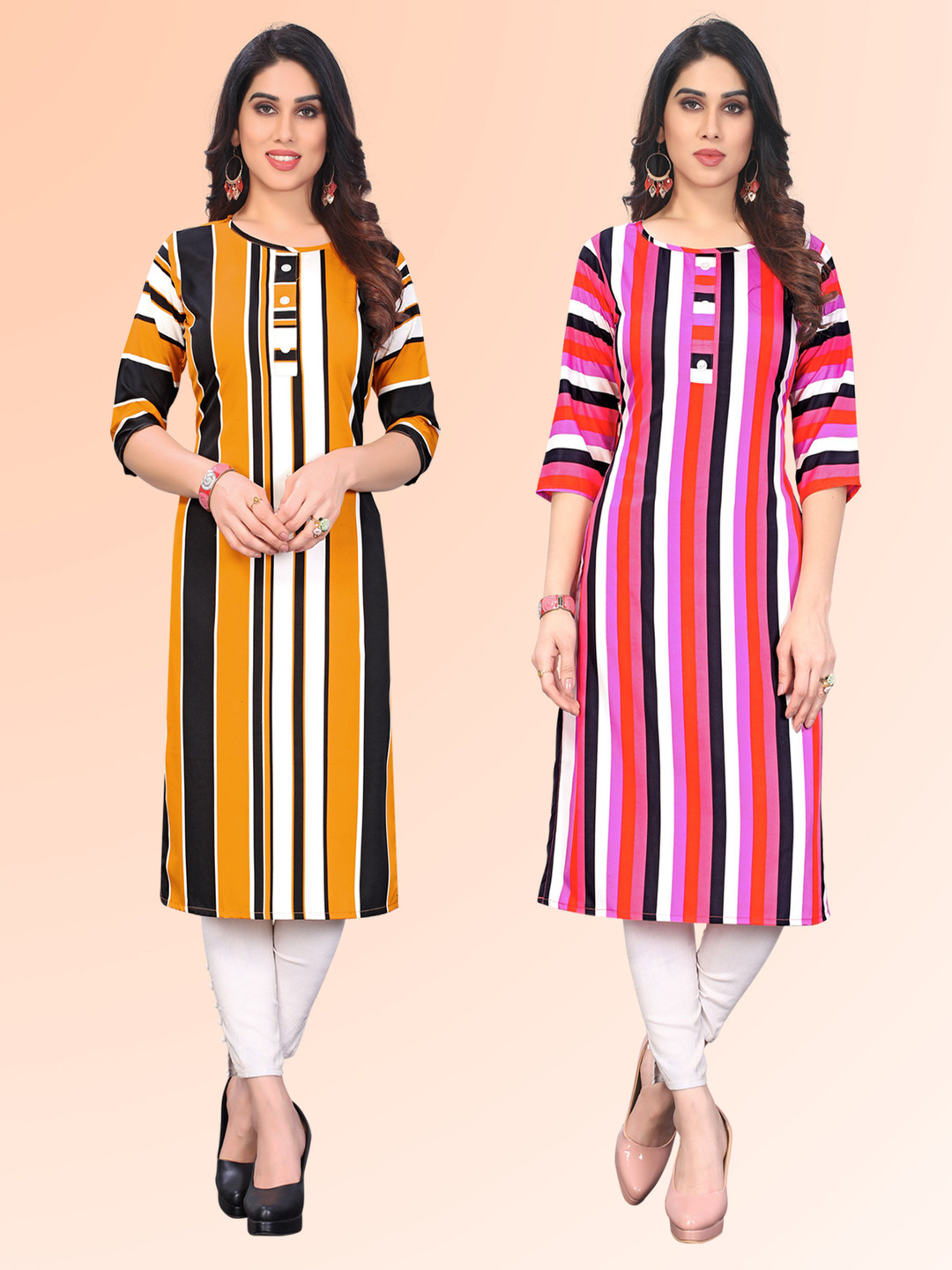 

KETAKI FASHION Selection of 2 Striped Round Neck Straight Kurtas, Mustard