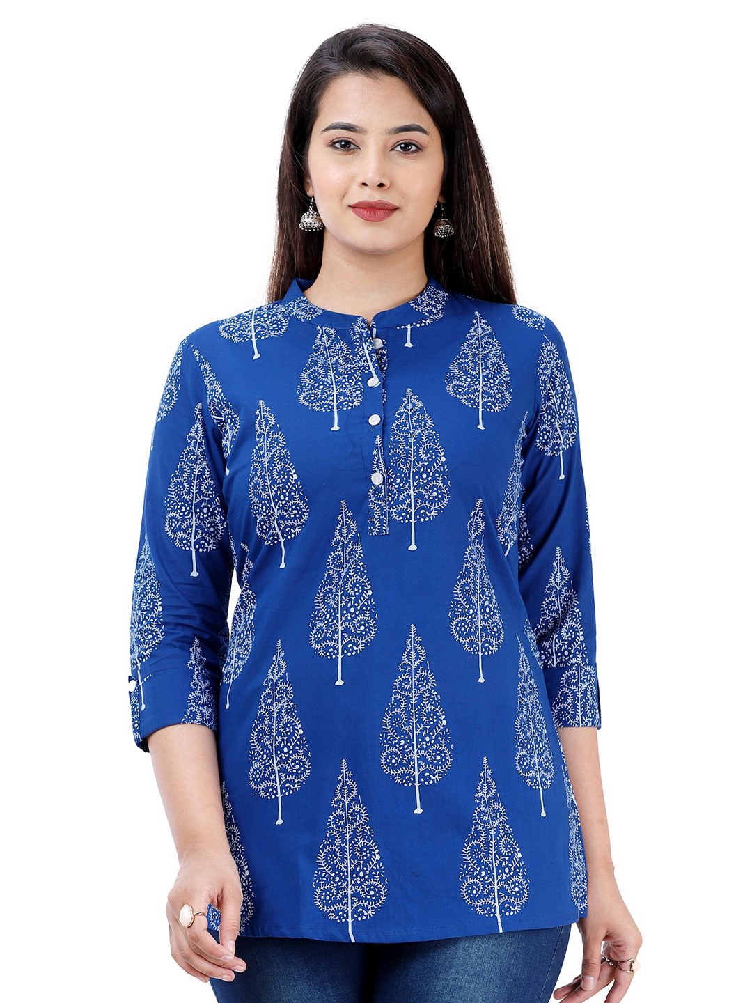 

NNAVDHA Floral Print Mandarin Collar Cotton Top, Blue