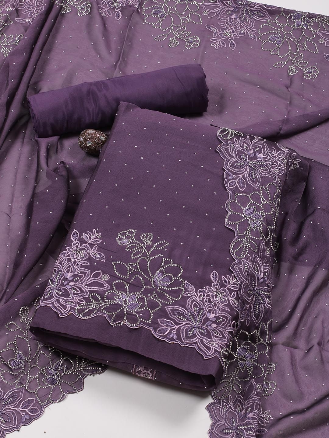 

Meena Bazaar Floral Embellished Beads and Stones Art Silk Unstitched Dress Material, Lavender
