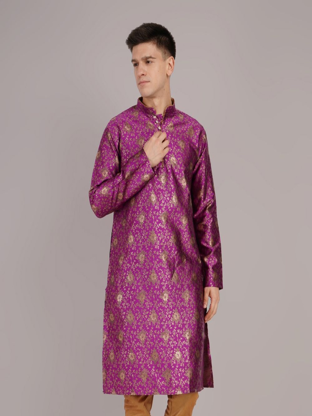 

Larwa Jacquard Woven Design Mandarin Collar Straight Kurta, Purple