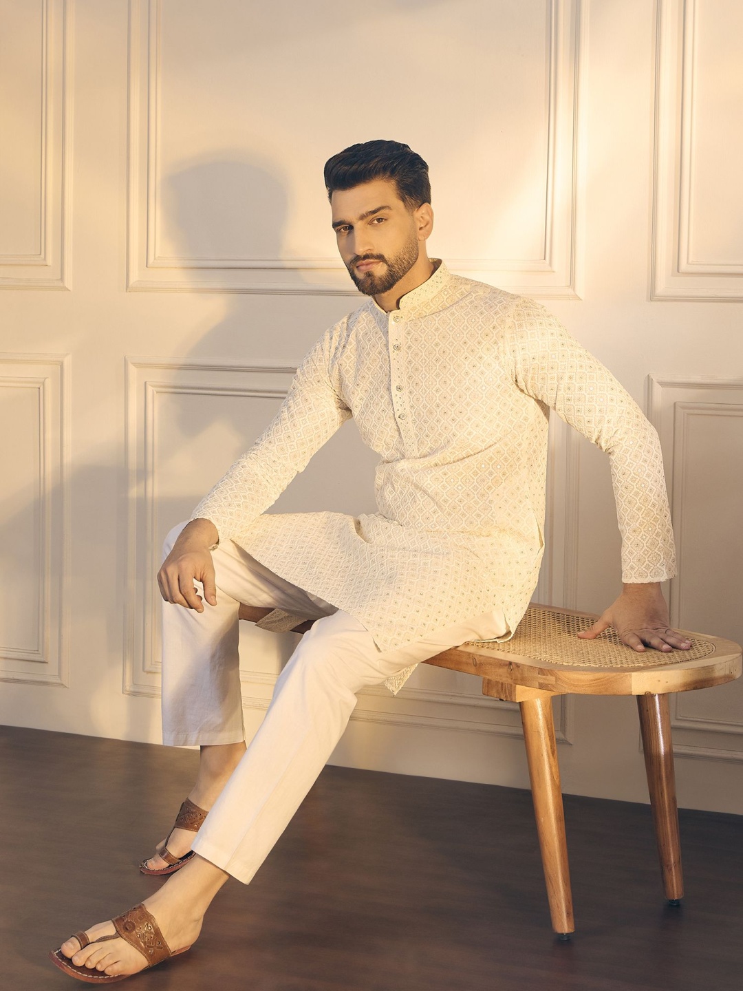 

Anouk Off-White Floral Embroidered Sequinned Mandarin Collar Pure Cotton Straight Kurta