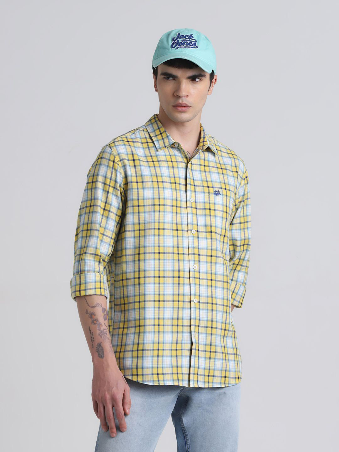 

Jack & Jones Men Spread Collar Tartan Checked Relaxed Fit Cotton Casual Shirt, Yellow