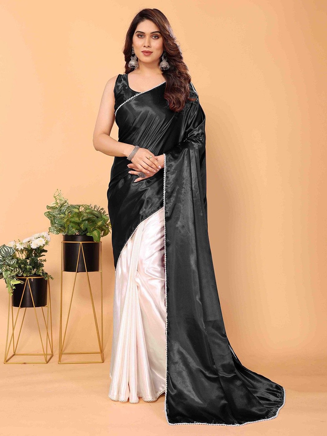 

Aika Colourblocked Satin Half and Half Saree, Black