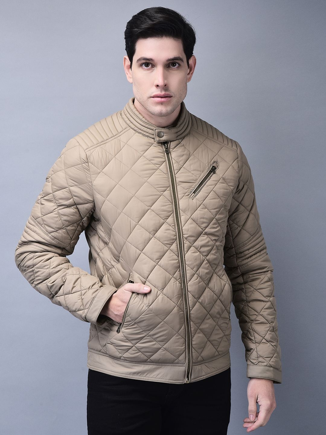 

Woodland Men Mandarin Collar Solid Casual Quilted Jacket, Beige